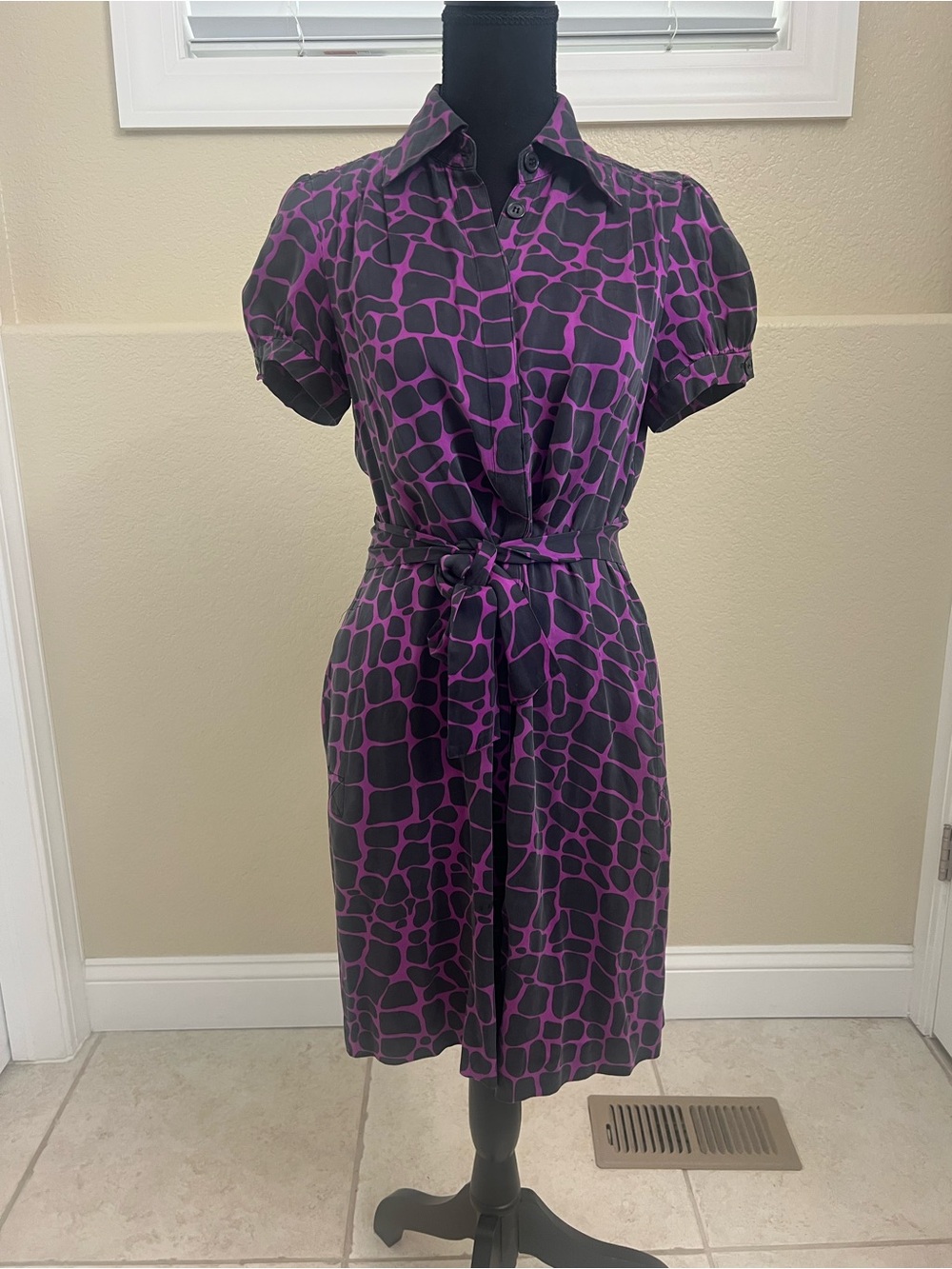 INC International Concepts Purple and Black Geometric Print Shirt Dress with Tie